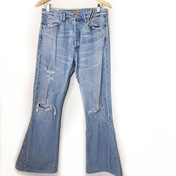 JEAN ATELIER Distressed High Rise Embroidery Flare Wide leg Jeans Size 28 - Picture 3 of 10